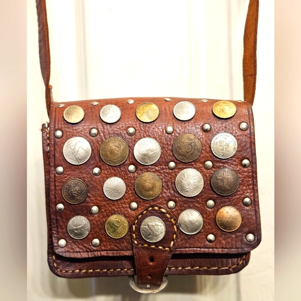 Vintage leather coin money medallion crossbody purse shoulderbag handbag novelty